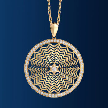 Pandantiv Shiva din aur 14K sau 18K, 15.03 g, cu 60 diamante și 1 diamant central (1.009 ct). Bijuterie de colecție de 36 mm.