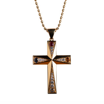 Pandantiv Cruce cu 5 Elemente din aur 14K sau 18K, cu safir, topaz, citrin, rubin și diamante (0.718 ct). Simbol al armoniei și echilibrului.