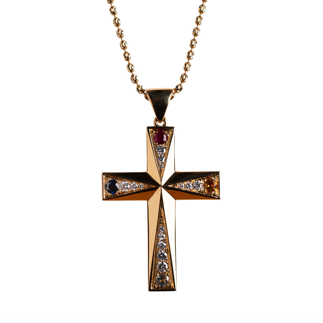 Pandantiv-Cross-cu-5-elemente-1 Pandantiv Cruce cu 5 Elemente din aur 14K sau 18K, cu safir, topaz, citrin, rubin și diamante (0.718 ct). Simbol al armoniei și echilibrului.