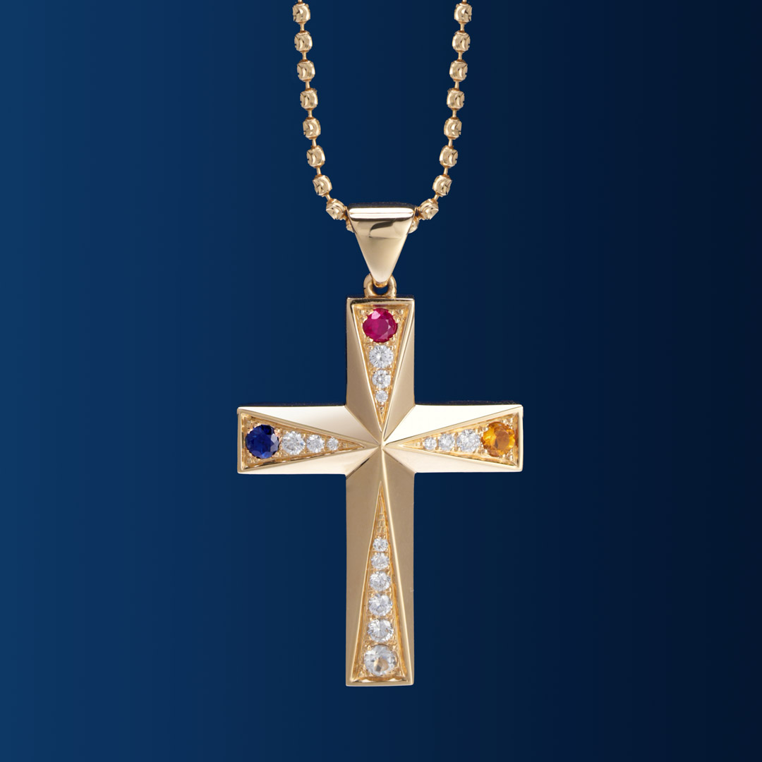 Pandantiv-Cross-cu-5-elemente-3 Pandantiv Cruce cu 5 Elemente din aur 14K sau 18K, cu safir, topaz, citrin, rubin și diamante (0.718 ct). Simbol al armoniei și echilibrului.