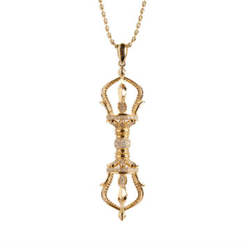 Pandantiv Vajra din aur 14K sau 18K galben, 11.47 g, cu 176 diamante G Color, claritate VS/SI1 (0.983 ct). Simbol al iluminării și al puterii spirituale.